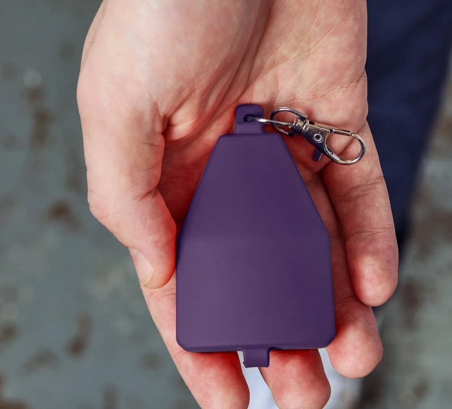 The nCase Lite carry case resting in an open hand, roughly the size of a car key fob.